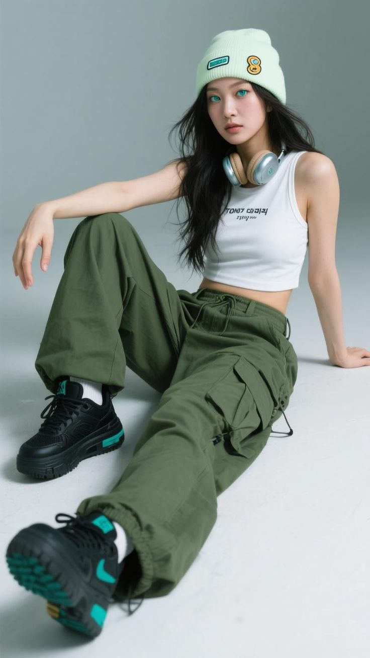 Woman with long dark hair wearing a beanie, crop top, and cargo pants