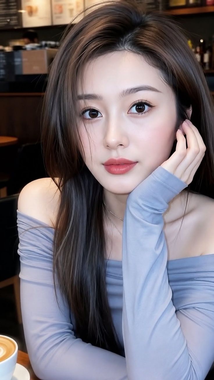 Woman with long hair wearing an off-shoulder top indoors