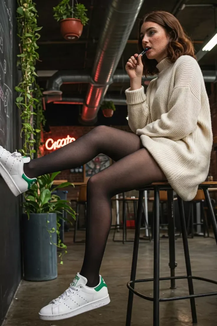 Woman in a cream turtleneck sweater and black tights sitting on a stool