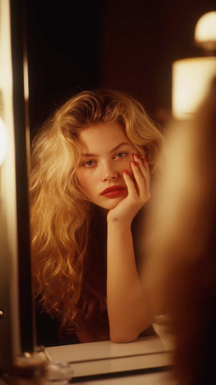 Woman with long blonde hair and red lipstick looking into a mirror