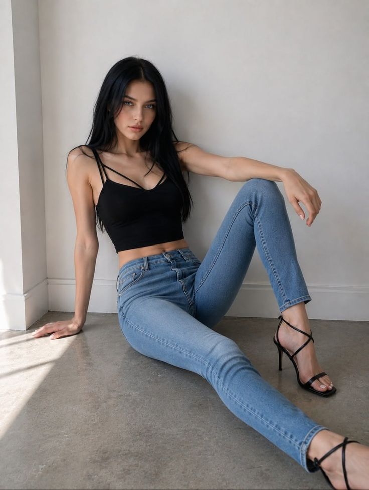 Woman with long black hair in a black crop top and blue jeans sitting indoors