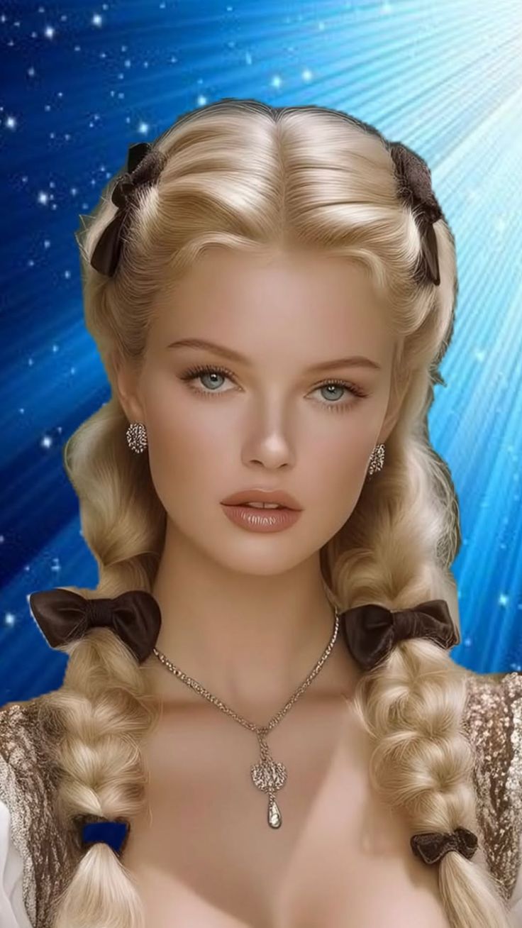 Blonde woman with braided pigtails and brown bows against a blue background