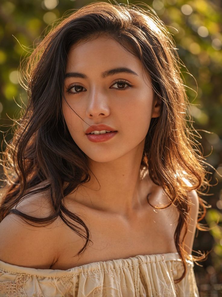 Woman with long hair wearing an off-shoulder top in golden hour sunlight