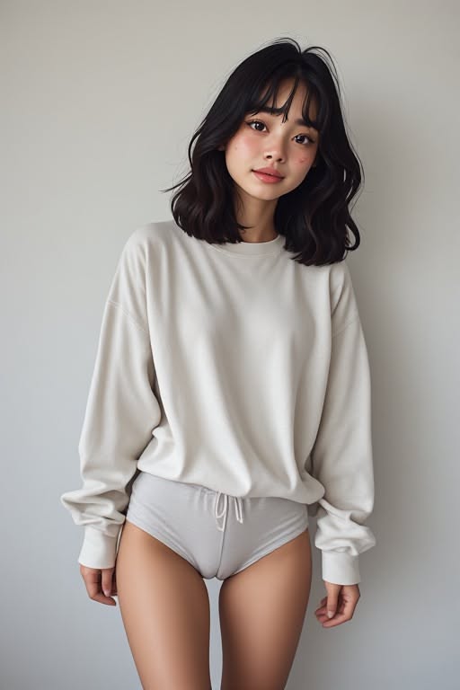 Woman with short black hair wearing an oversized sweatshirt and underwear indoors