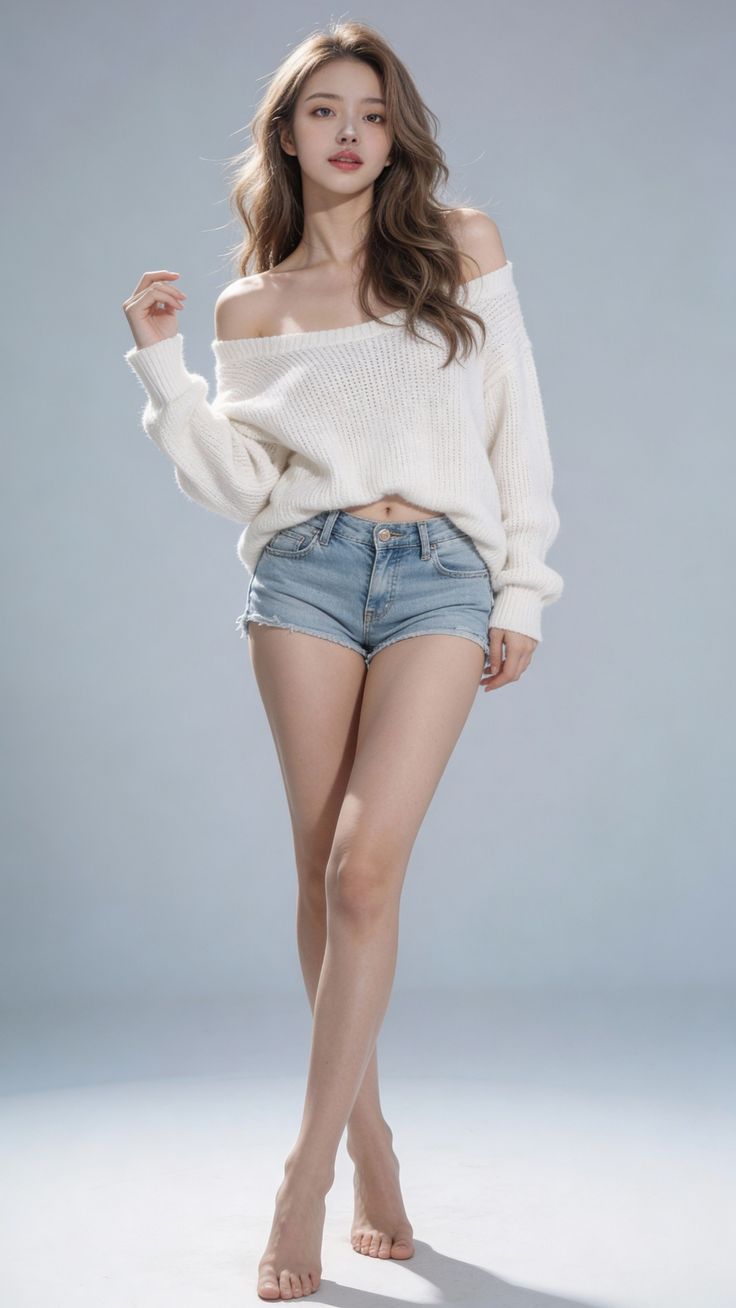Woman in an off-shoulder sweater and denim shorts posing barefoot in a studio