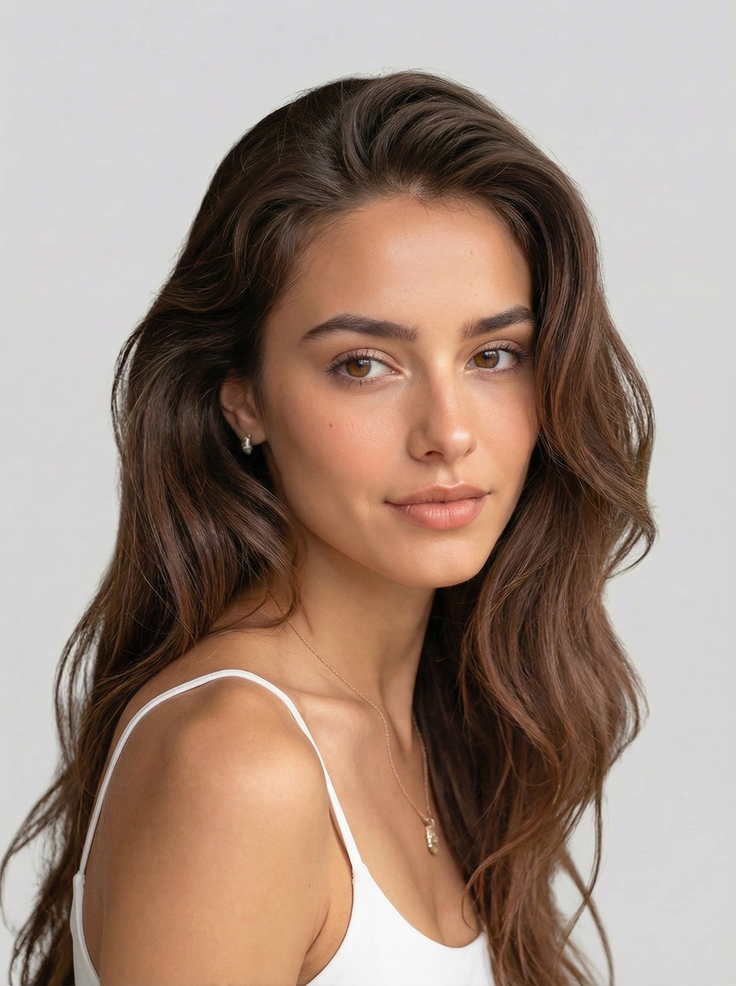 Woman with long brown hair wearing a white top and jewelry, looking at the camera