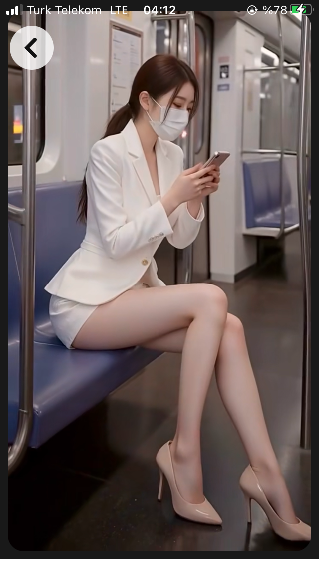 Woman in a white suit and face mask sitting in a subway car