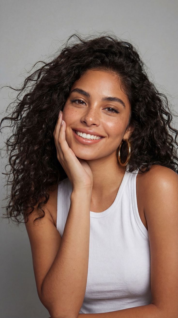 Woman with curly hair and freckles smiling in a white tank top