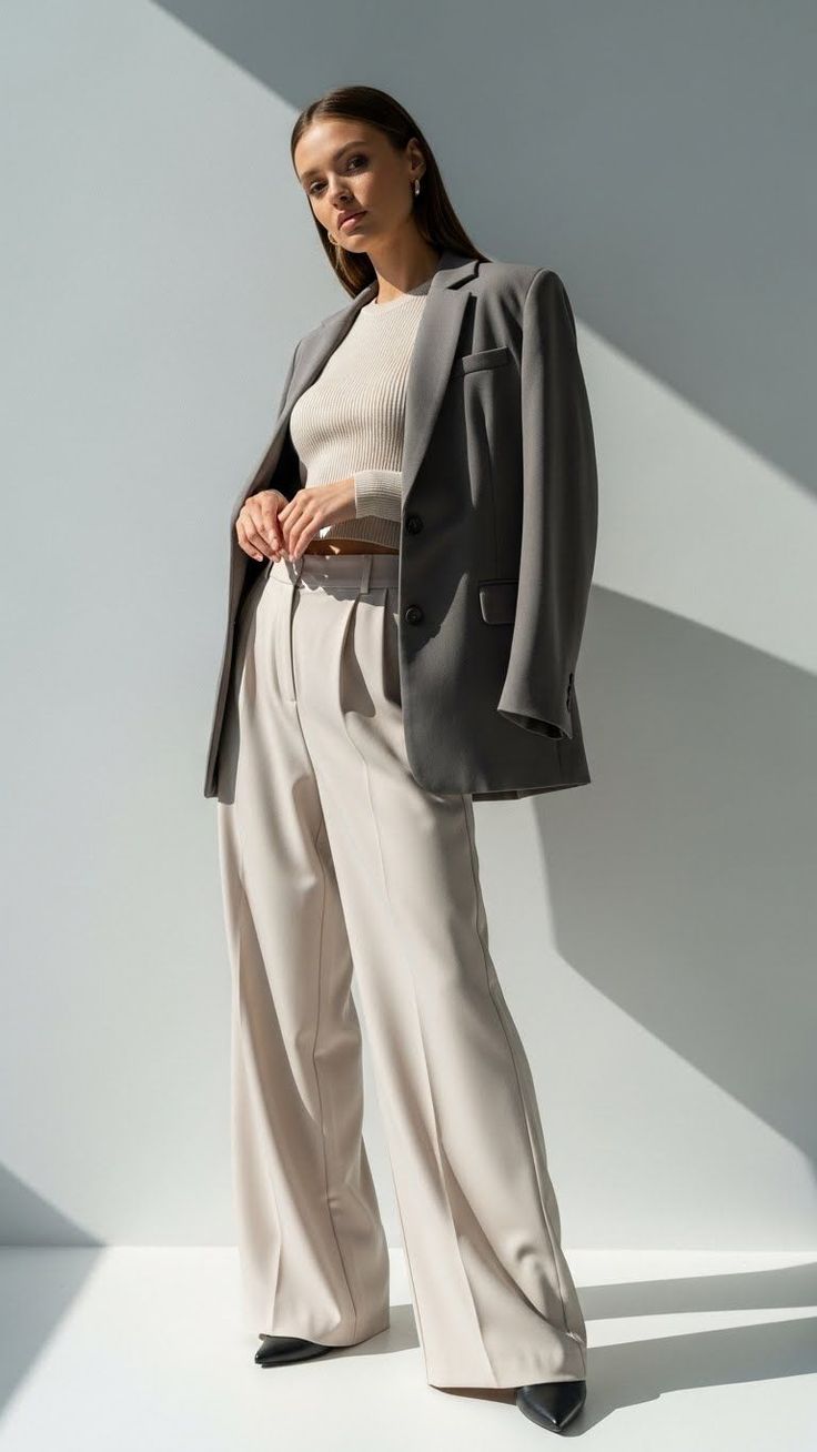 Woman in a blazer and wide leg pants against a white wall with shadows