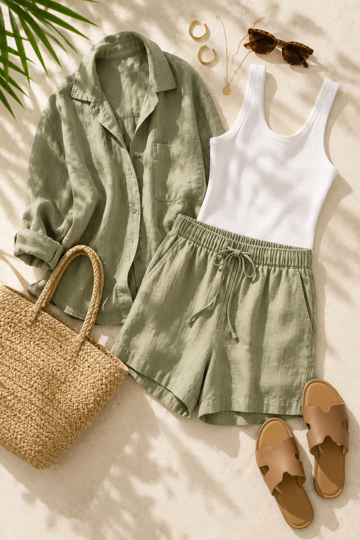 Summer outfit with a linen shirt, shorts, straw bag, and sandals on a textured surface