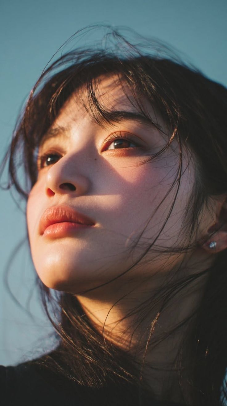 Close up portrait of a woman with dark hair in soft golden hour light