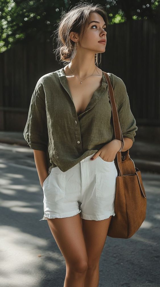 Woman in white shorts and a green shirt with a brown bag outdoors