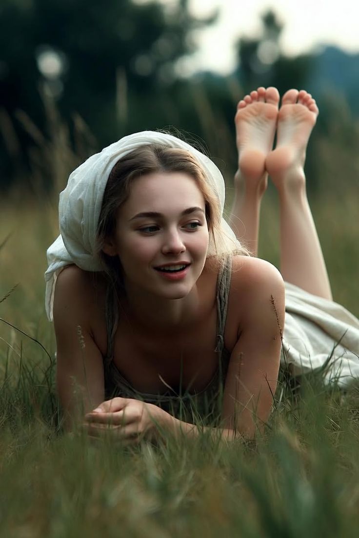 Woman with a white headscarf lying in green grass with bare feet