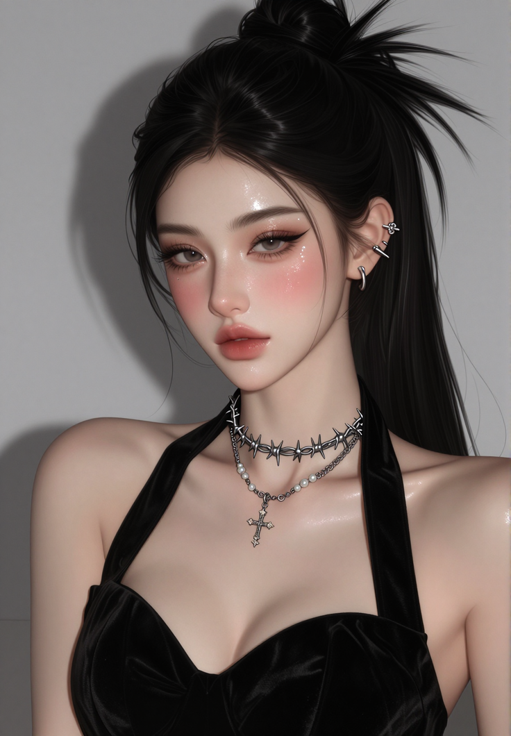 Illustration of a woman with a ponytail wearing a black dress and choker