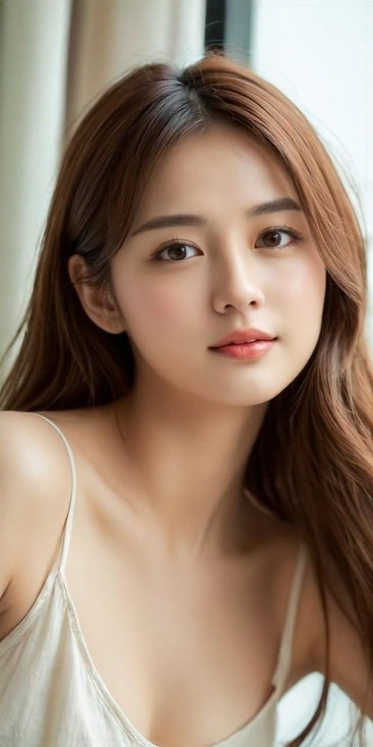 Woman with long light brown hair wearing a spaghetti strap top with soft lighting