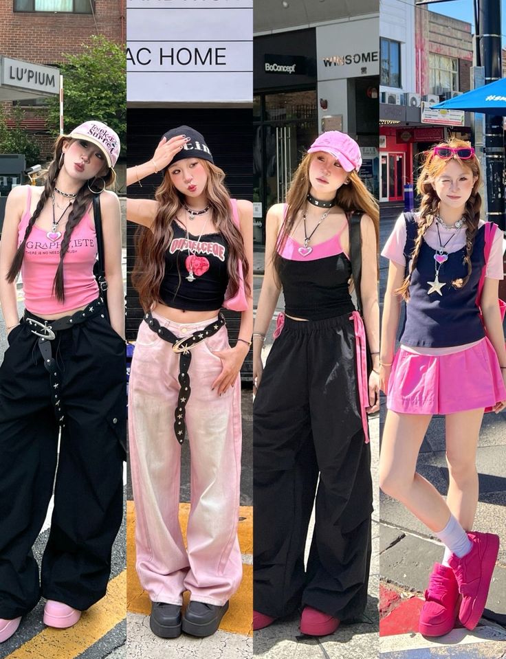 Four women in pink and black street style outfits posing outdoors