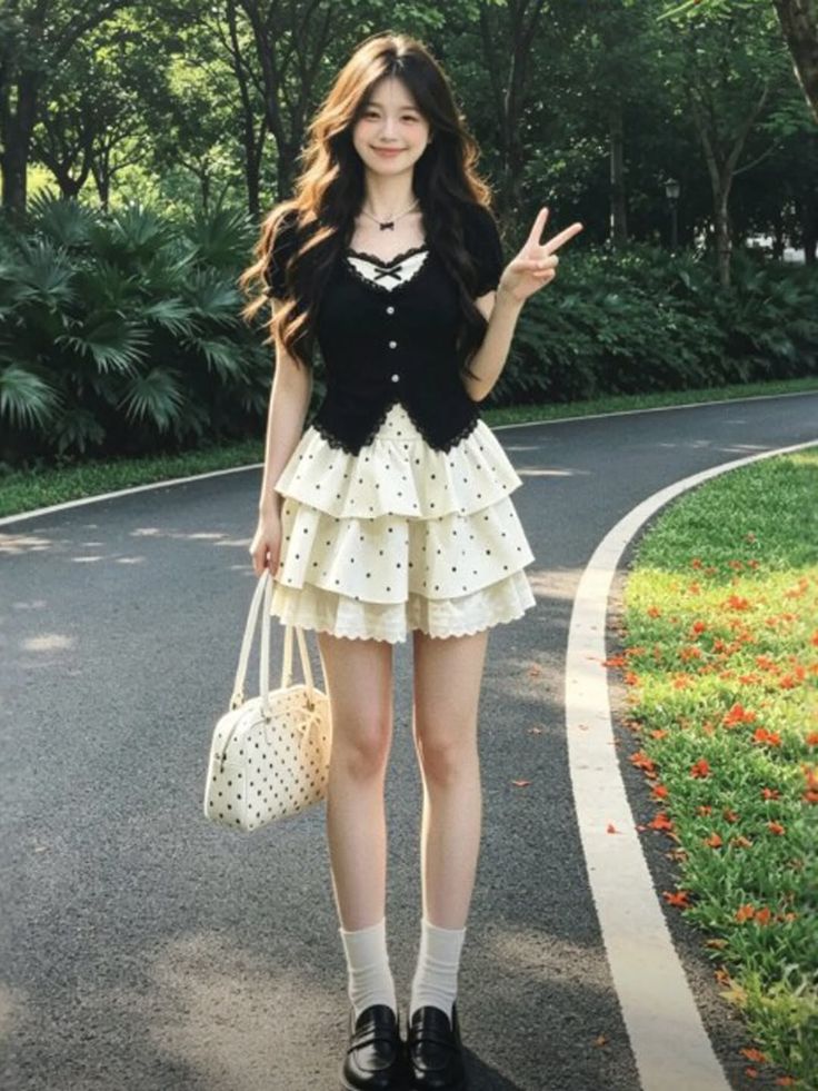 Woman in a black top and polka dot ruffle skirt posing outdoors