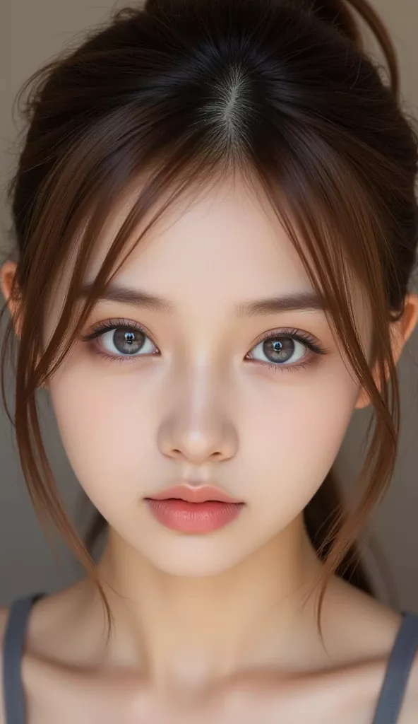 Close-up portrait of a woman with brown hair and grey eyes