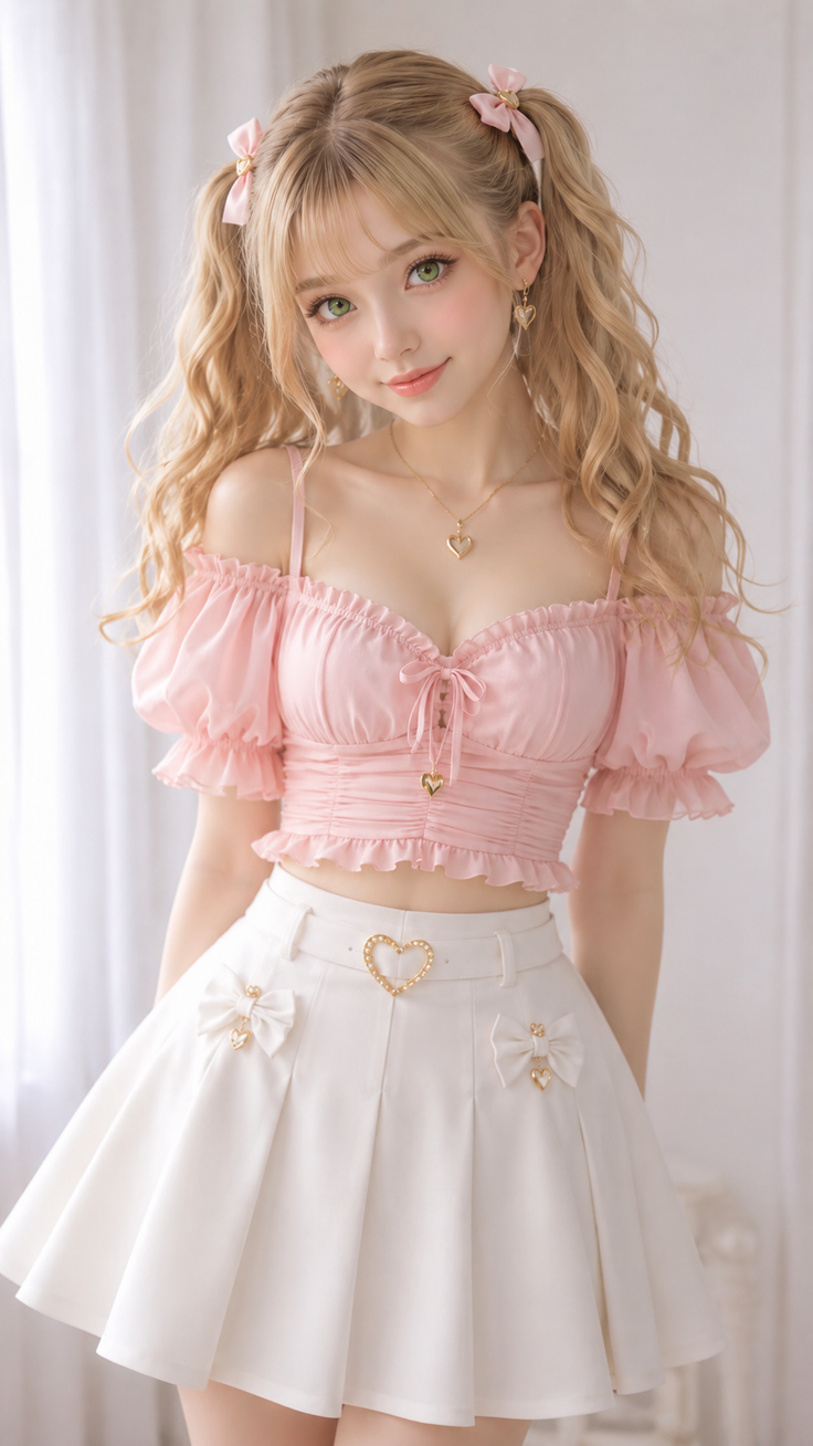 Blonde woman with pigtails wearing a pink top and white pleated skirt