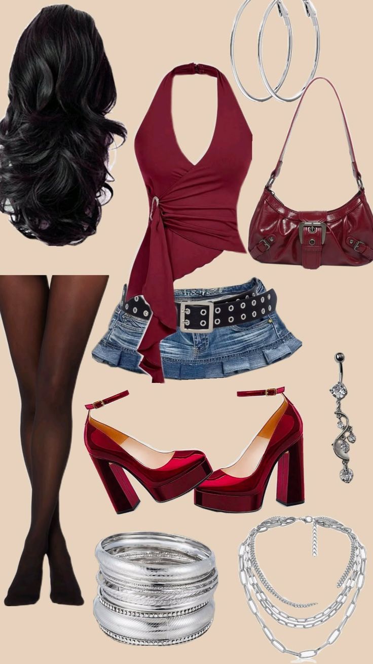 Fashion flat lay with a red halter top, denim skirt, and accessories