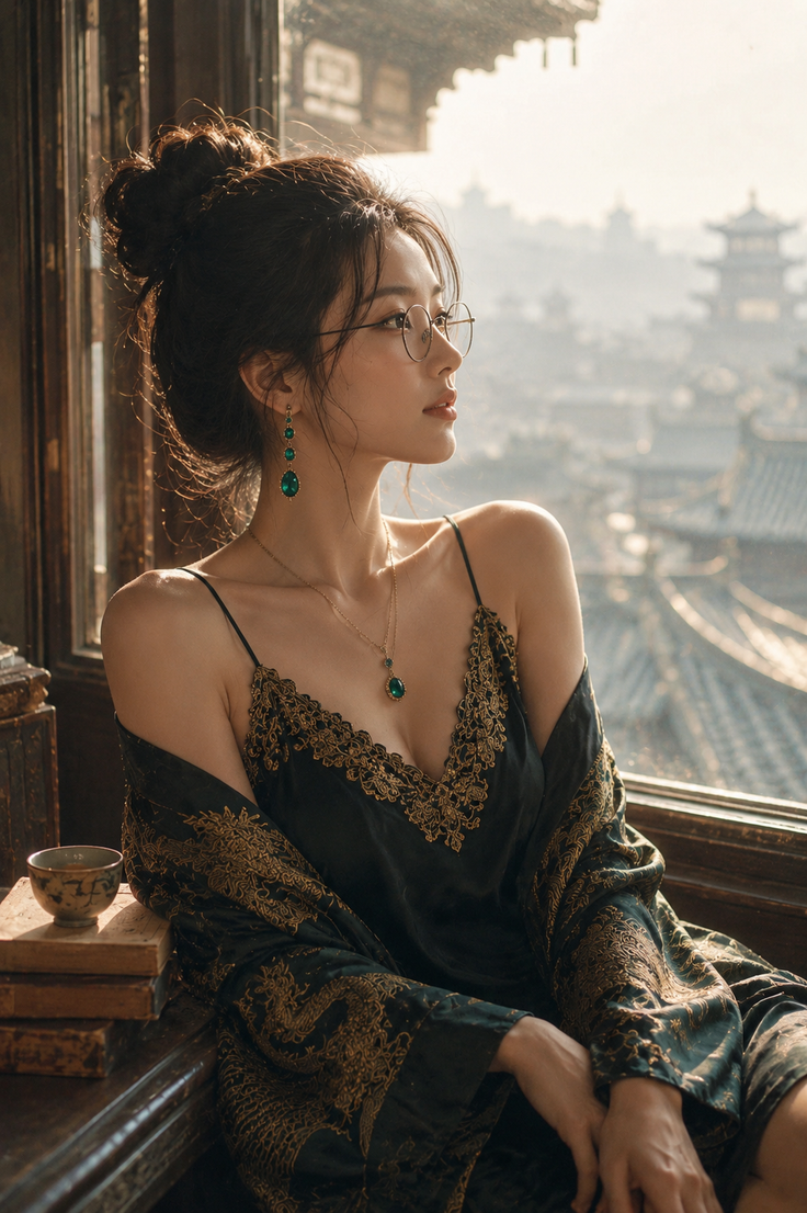 Woman in a silk robe and glasses looking out a window at a cityscape