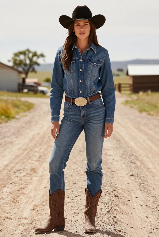 Woman in a denim outfit and cowboy hat standing on a dirt road