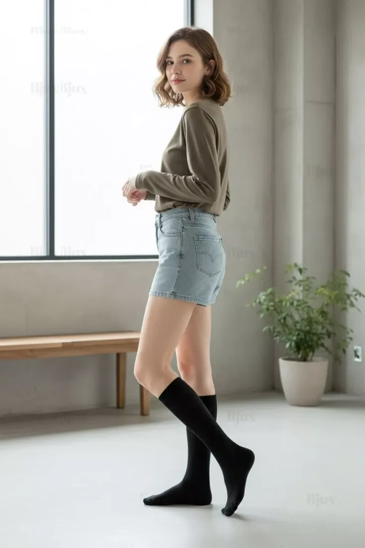 Woman with short hair wearing denim shorts and knee-high socks indoors