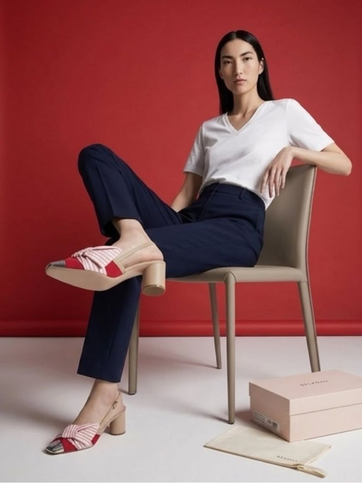 Woman in a white t-shirt and navy pants sitting on a chair against a red background