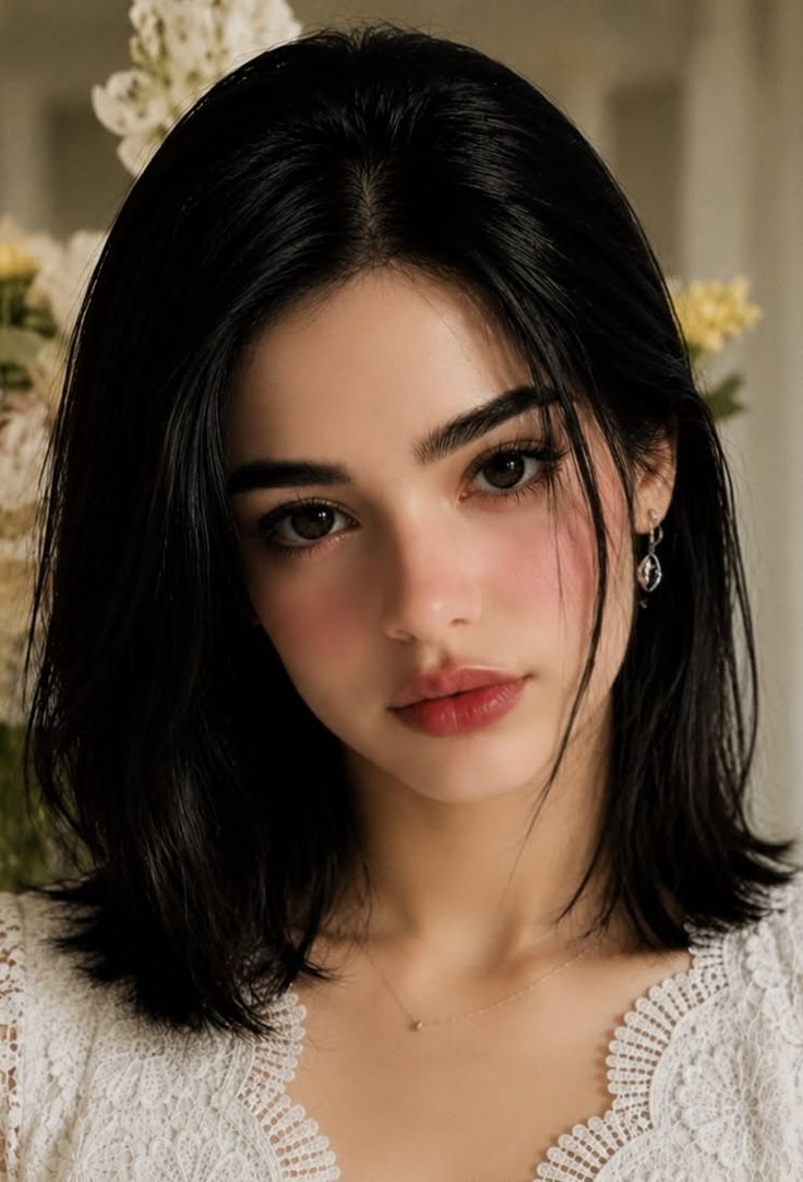 Woman with black hair and a white lace top looking directly at the viewer