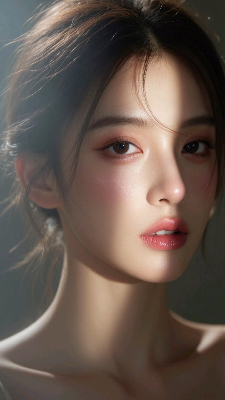 Close-up portrait of a woman with soft lighting and bare shoulders