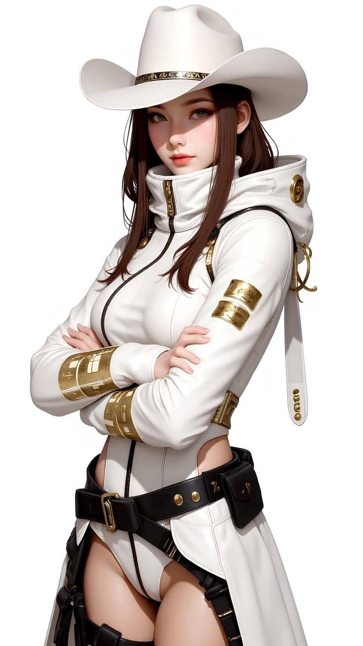 Woman in a white cowboy hat and jacket with exposed skin and gold accents