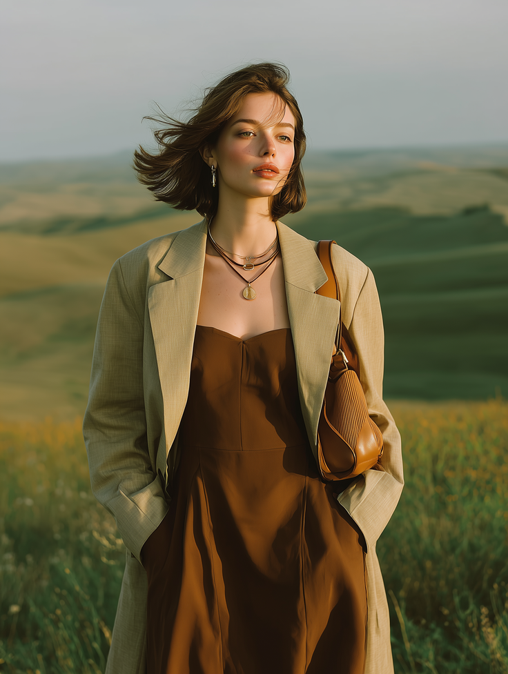 Woman in a brown dress and blazer standing in a field at golden hour