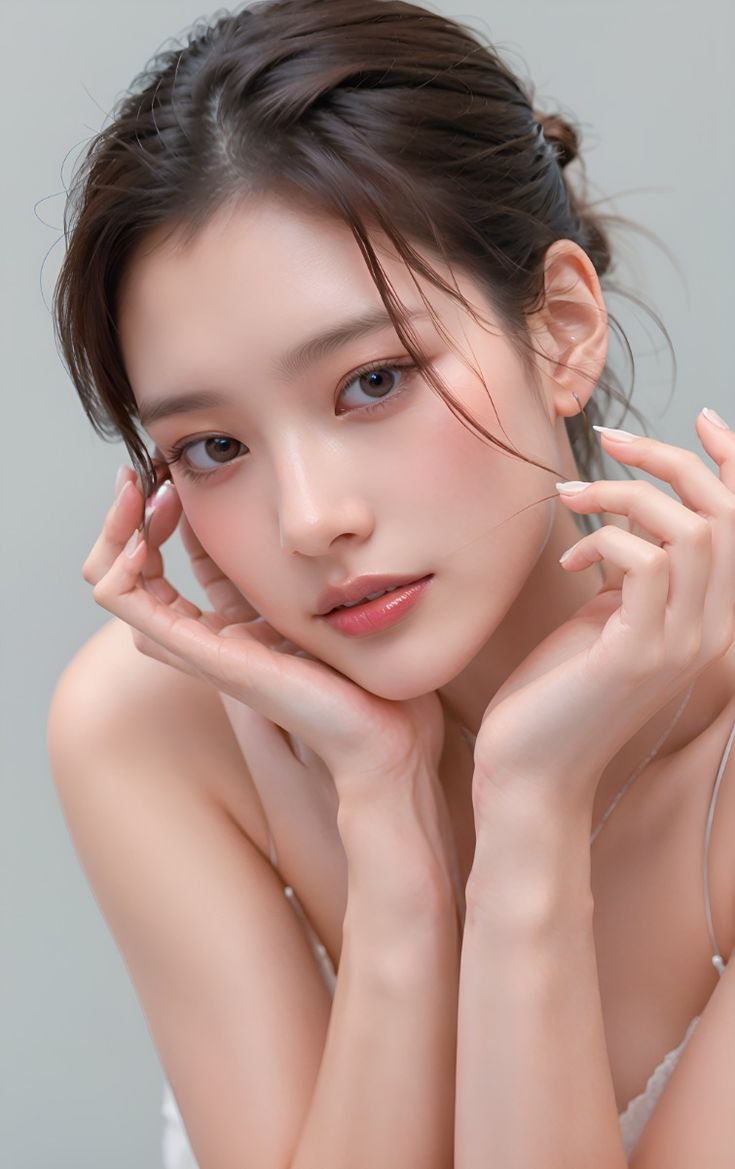 Woman with brown hair in an updo, posing with hands near her face