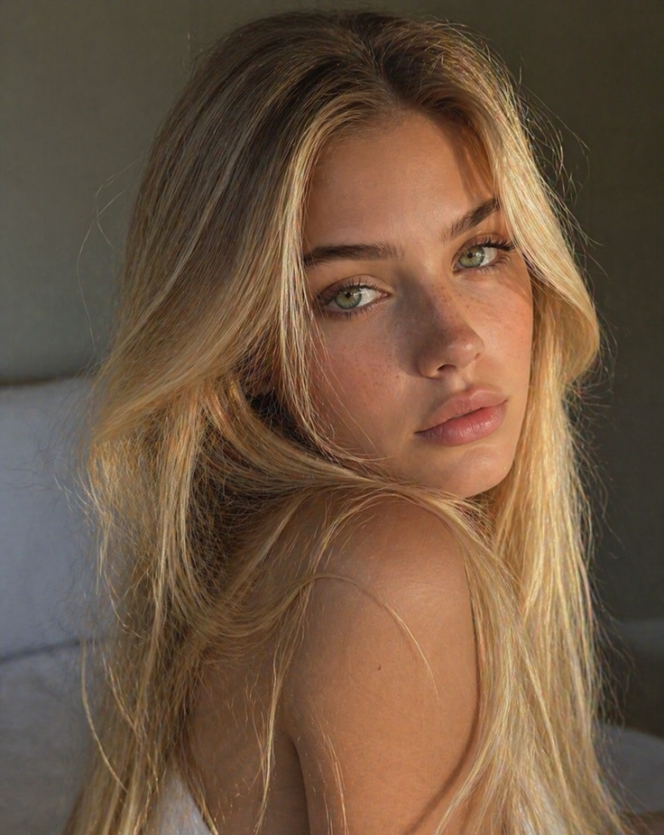 Blonde woman with green eyes and freckles looking over her shoulder
