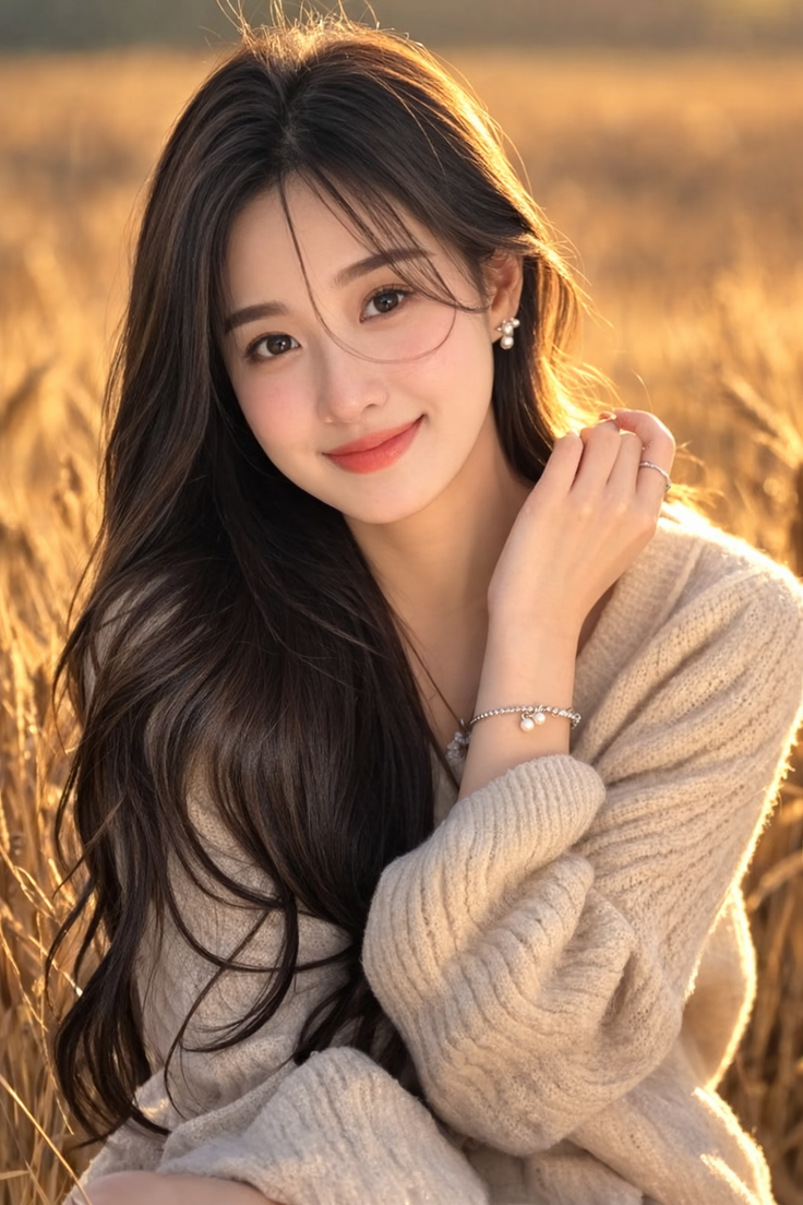 Woman with long hair wearing a sweater in a field at golden hour