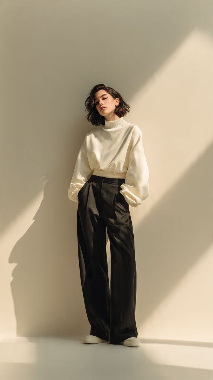 Woman with short hair in a white turtleneck and black wide-leg pants