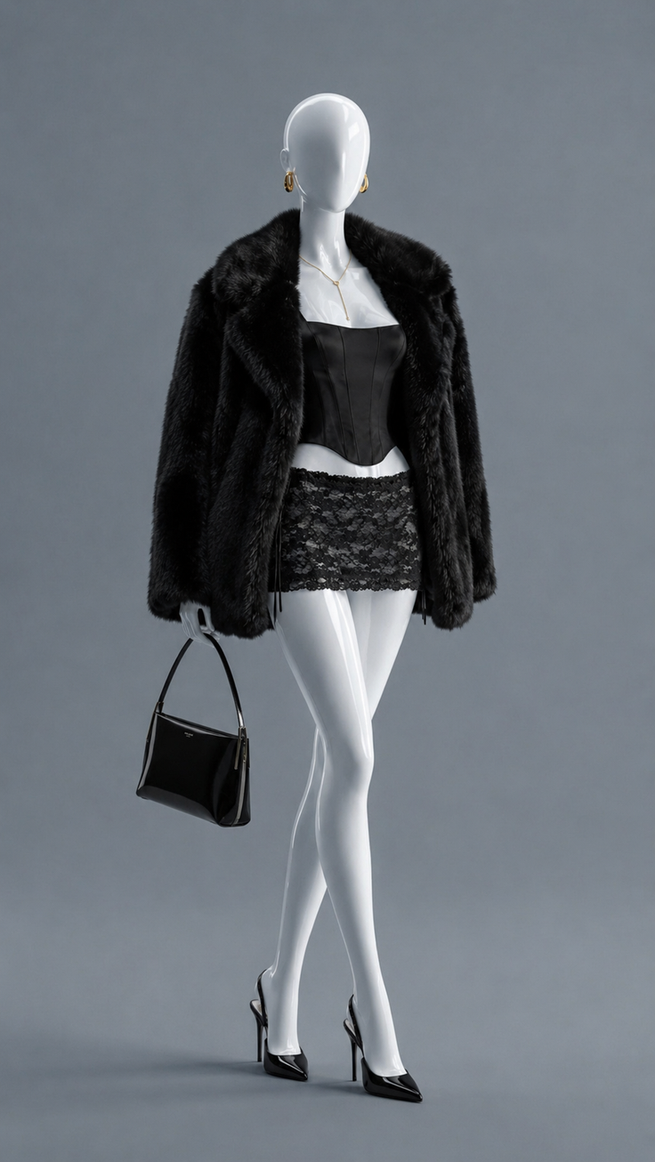 Mannequin in a black fur coat, corset, and lace skirt holding a handbag