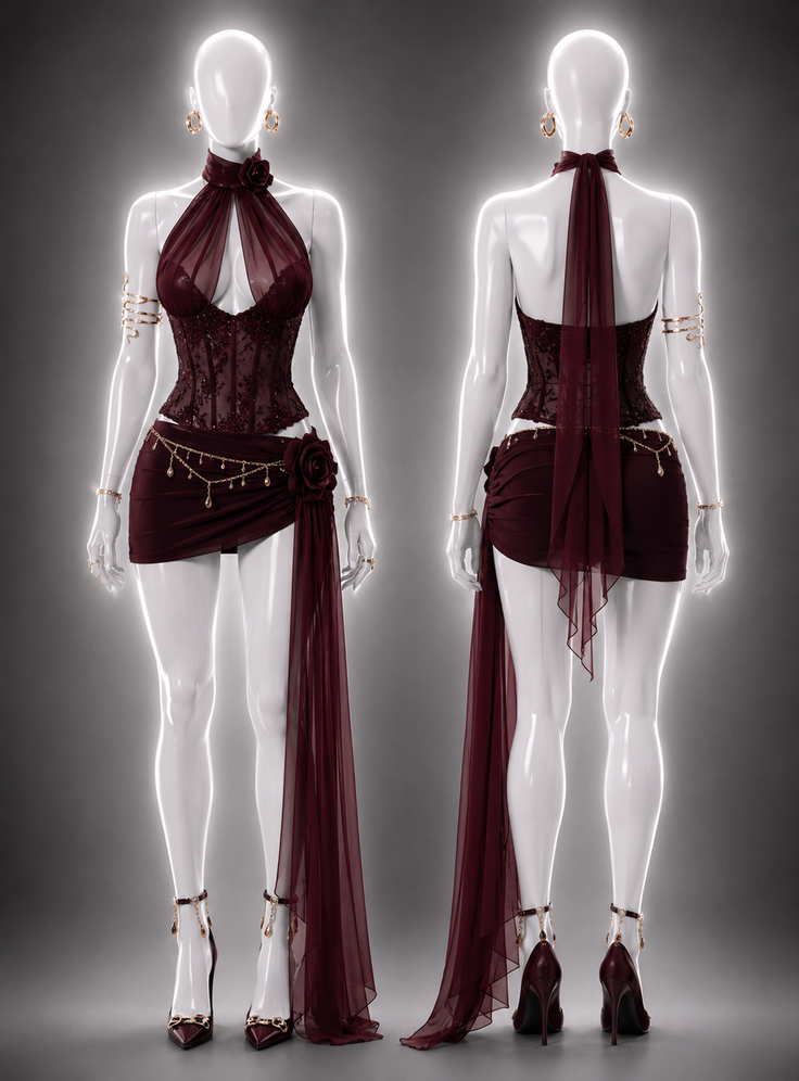 Two mannequins displaying a burgundy dress with a sheer top and gold jewelry