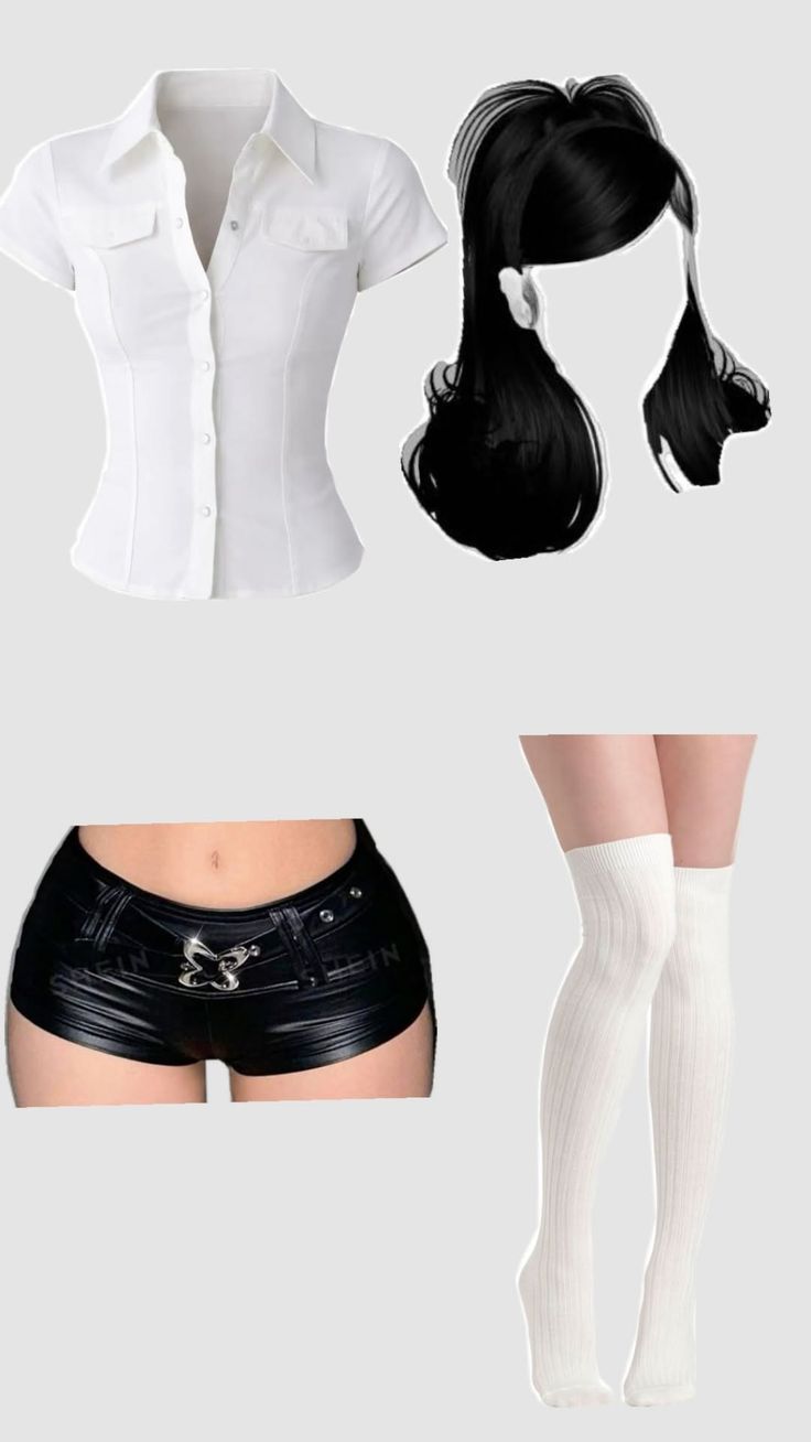 Collection of clothing items including a white shirt, leather shorts, and thigh-high socks