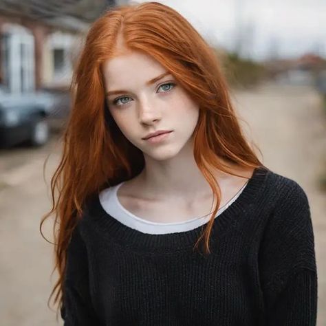 Young woman with long red hair and blue eyes wearing a black sweater outdoors