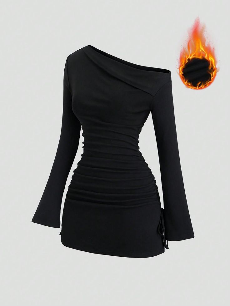 Black off-shoulder ruched mini dress with long sleeves and drawstring detail