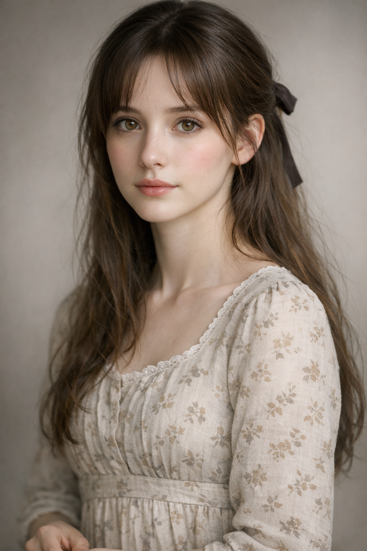 Young woman with long brown hair wearing a floral dress with lace trim