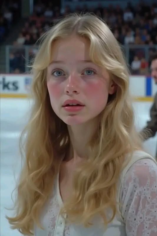 Young woman with blonde hair and blue eyes on an ice rink