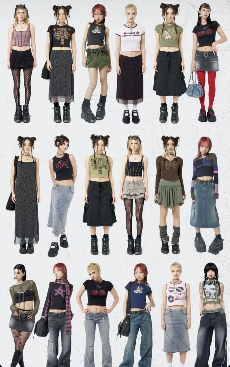 Multiple women modeling various alternative fashion outfits in a studio