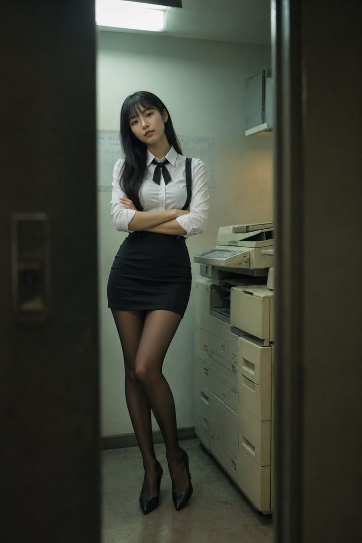 Woman in office attire with arms crossed, standing next to a copier