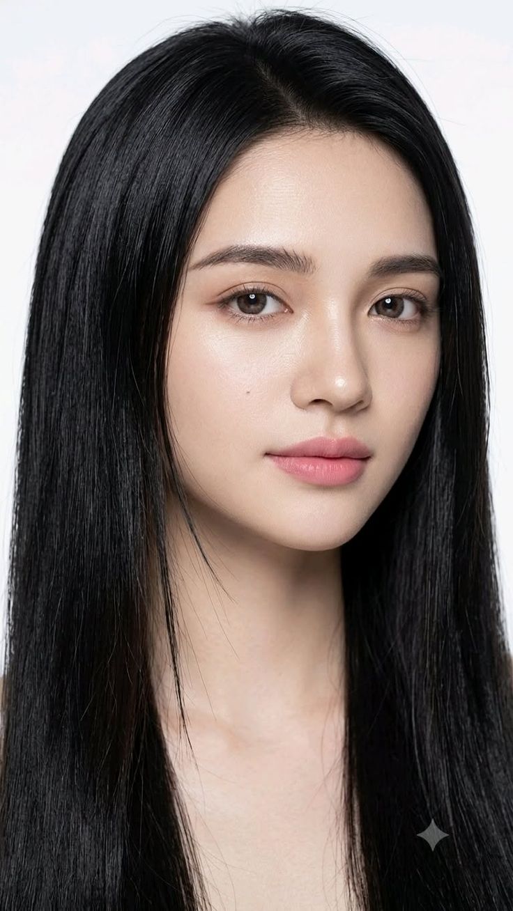 Woman with long black hair against a white background