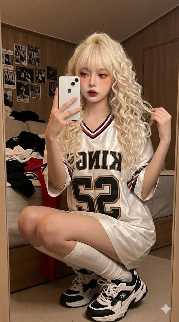 Woman with long blonde curly hair taking a mirror selfie in an oversized jersey