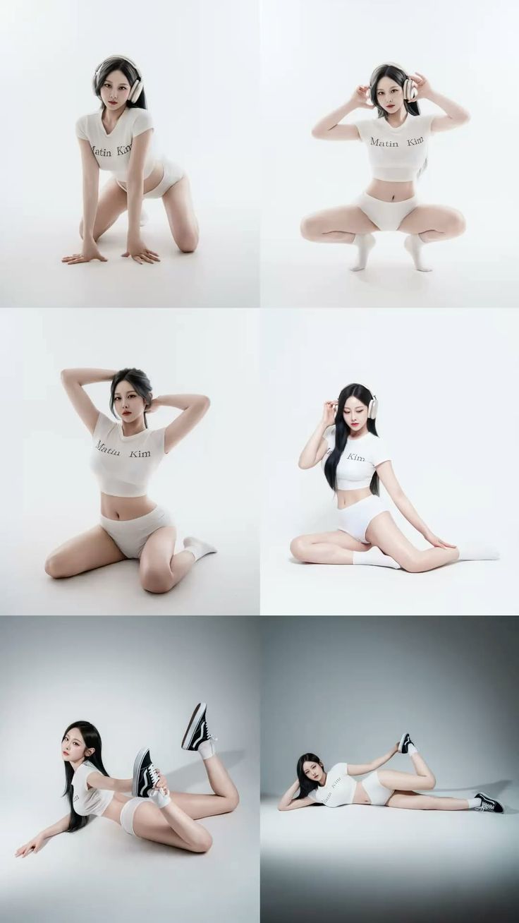 Woman in a white crop top and shorts posing in a studio