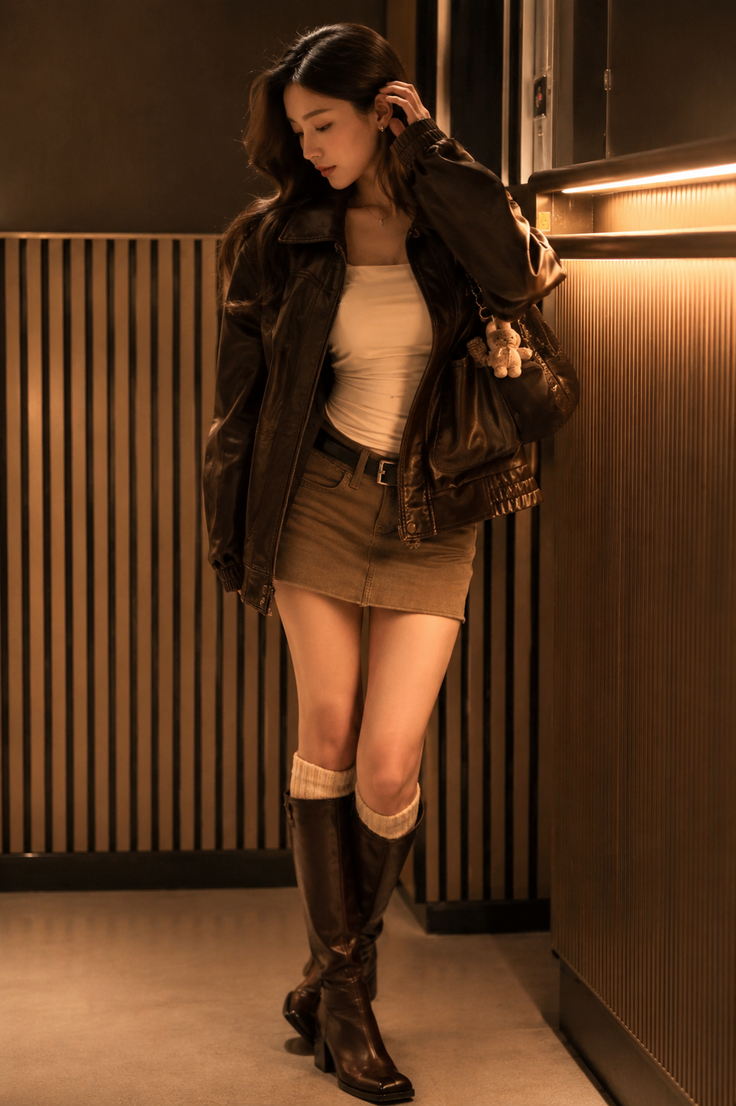 Woman in a brown leather jacket and mini skirt with knee-high boots indoors
