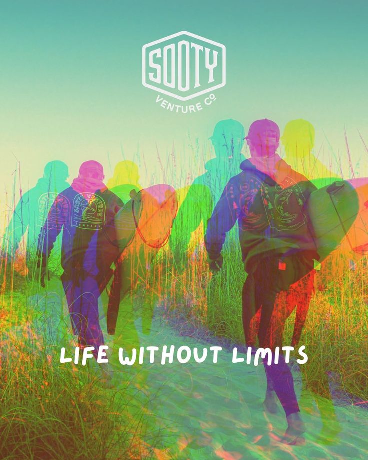 Multiple exposure image of people walking through tall grass with a logo and text
